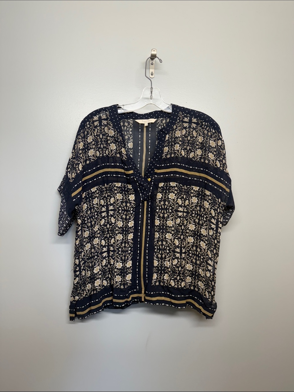 Part Two Navy and Cream Printed Short-Sleeve V-Neck Sheer Oversized Blouse